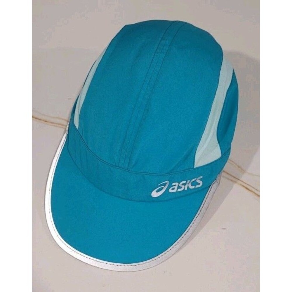 Asics 5 Panel Running Hat Adjustable Cap Lightweight Blue Turquoise Reflective